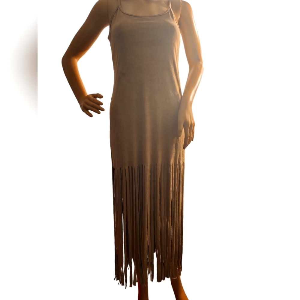 Suede Light Brown Fringe Spaghetti Strap Calf-Length Dress M By Manifesto